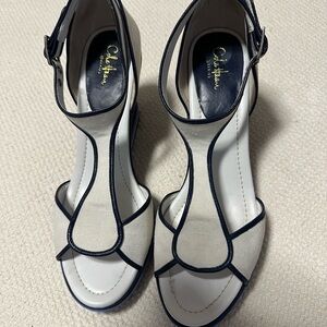 Cole Haan White and Dark Blue Heeled Sandals
